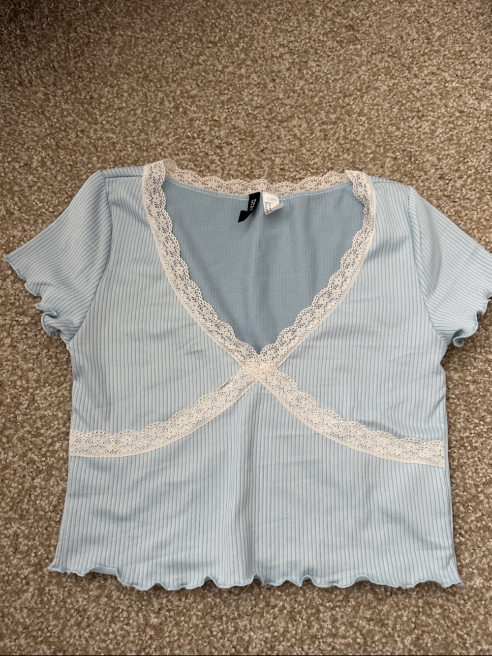 Divided Light Blue Ribbed Lace-Trim Wrap Crop Top